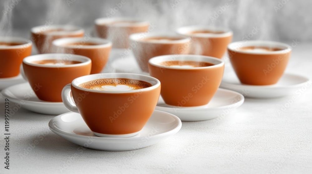 A clean and simple arrangement of multiple cups of steaming hot espresso, each placed neatly on saucers. A clean and simple arrangement of multiple cups of steaming hot espresso, each placed neatly on saucers.