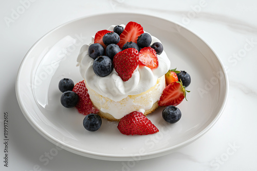 Tres leches cake with whipped cream and fresh berries photo