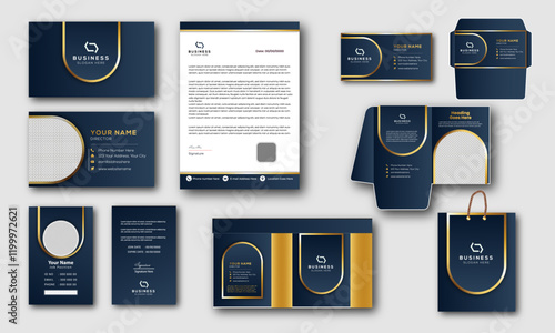 Elegant Brand Identity Stationery Design Mockup - Letterhead, Business Cards, Envelope, and Folder in Minimalist Style for Corporate Branding.