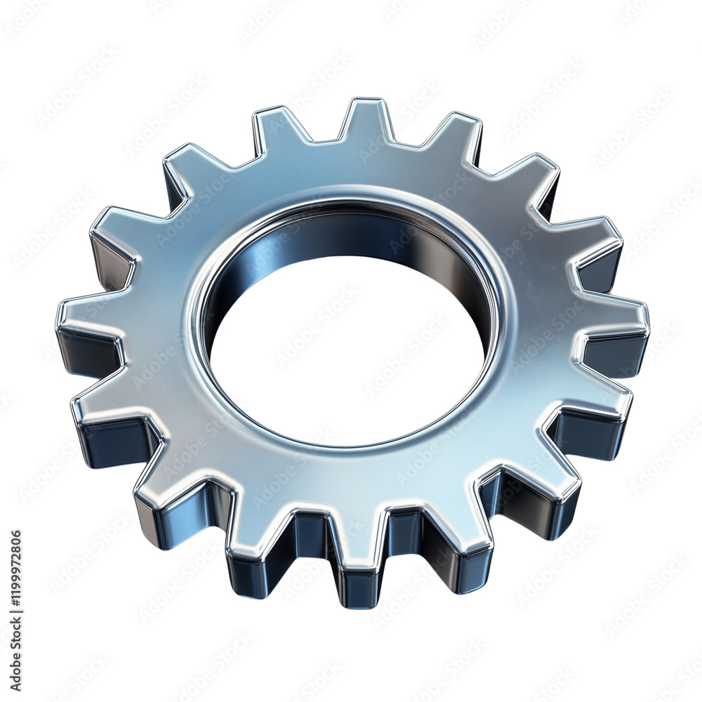 A metallic 3D gear icon isolated on a transparent background A metallic 3D gear icon isolated on a transparent background