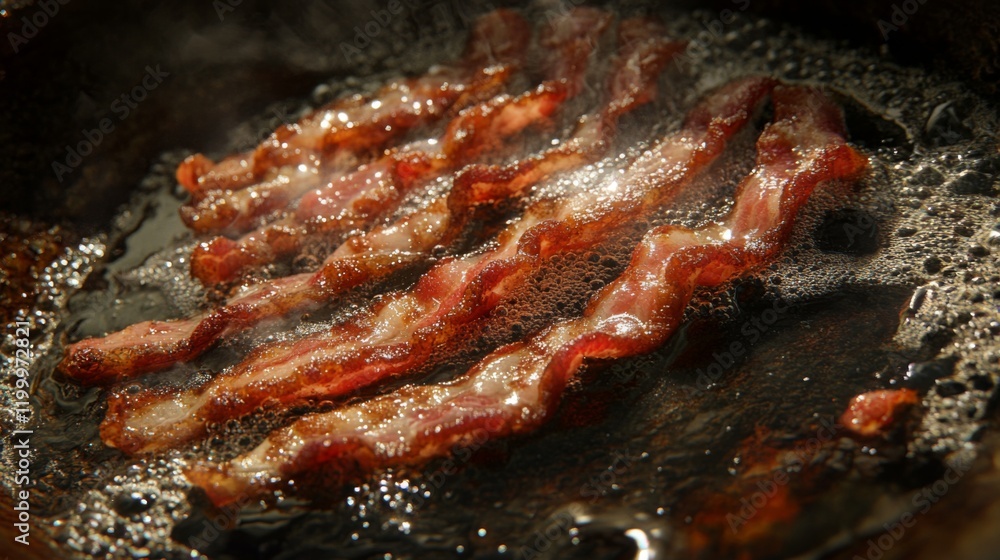 Bacon strips sizzling in a hot pan, with detailed focus on the bubbling fat and crispy, golden brown edges curling up. Bacon strips sizzling in a hot pan, with detailed focus on the bubbling fat and crispy, golden brown edges curling up.