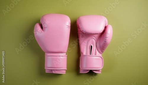 Striking Contrast: Two Pink Boxing Gloves on Vibrant Green Background. photo