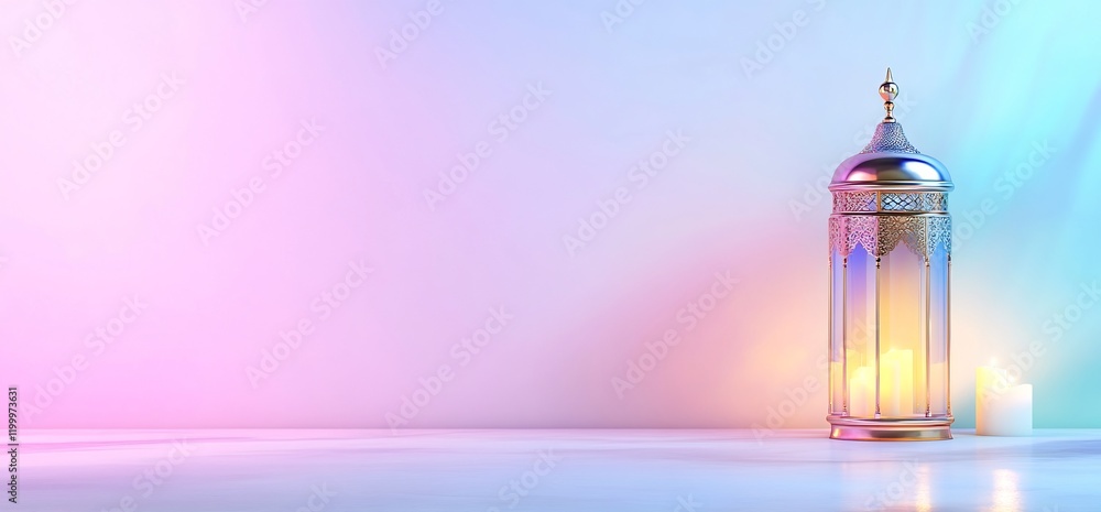 Festive lantern lights illuminate a pastel background Festive lantern lights illuminate a pastel background