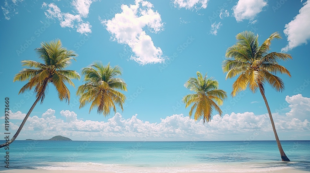 Fototapeta premium Lush palm trees sway gently by the serene beach under a bright blue sky during a sunny day