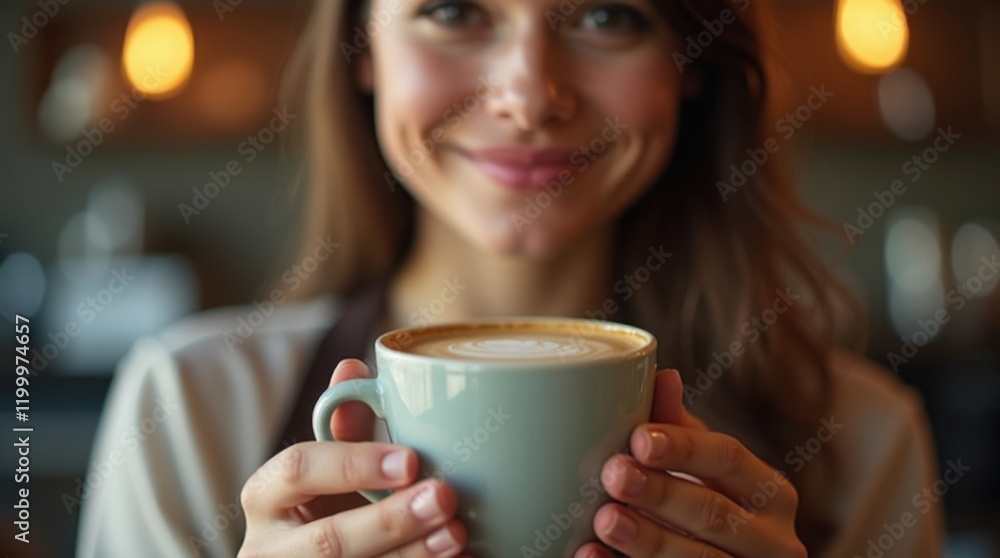 A young woman with brown hair smiles gently as she holds a cup of latte art. Warm lighting and a cozy atmosphere. A young woman with brown hair smiles gently as she holds a cup of latte art. Warm lighting and a cozy atmosphere.