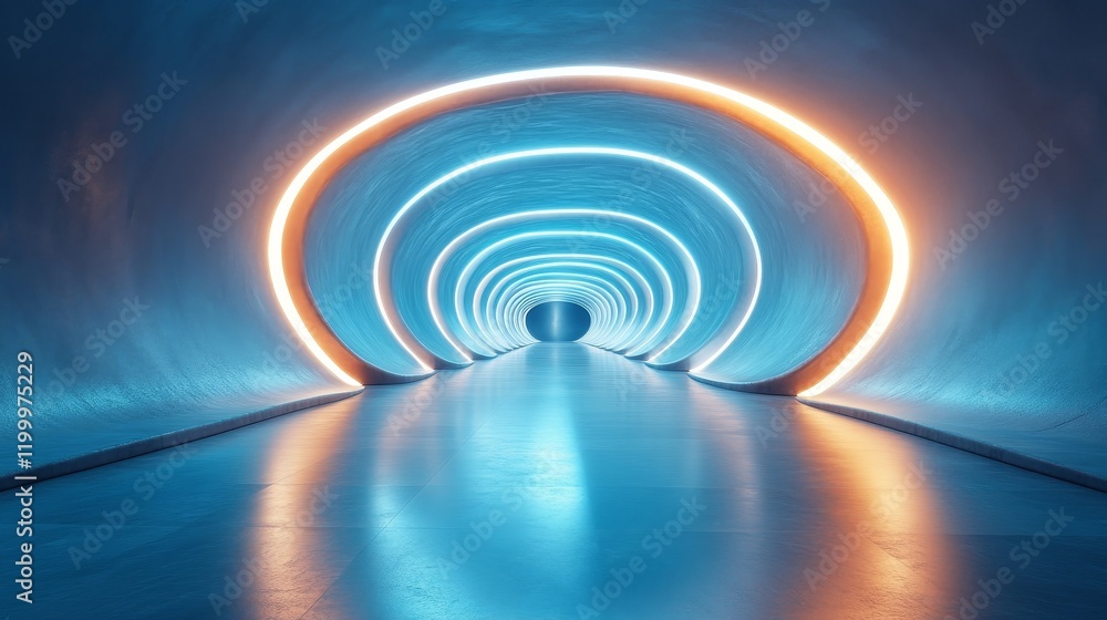 Fototapeta premium A tunnel with neon lights that are orange and blue