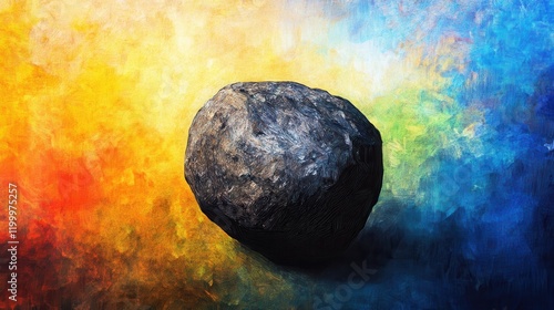 A textured rock sits centrally against a vibrant, colorful abstract background, symbolizing nature's beauty photo