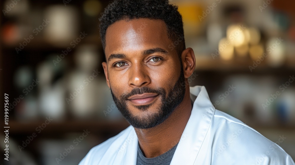 Close-up portrait of a smiling, young African-American man with a short beard, wearing a white robe. Close-up portrait of a smiling, young African-American man with a short beard, wearing a white robe.