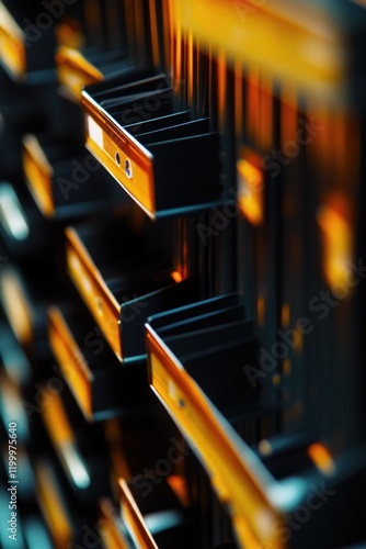 A detailed view of various drawers stacked together