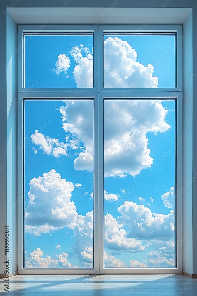 Large window, blue sky, fluffy clouds. Large window, blue sky, fluffy clouds.