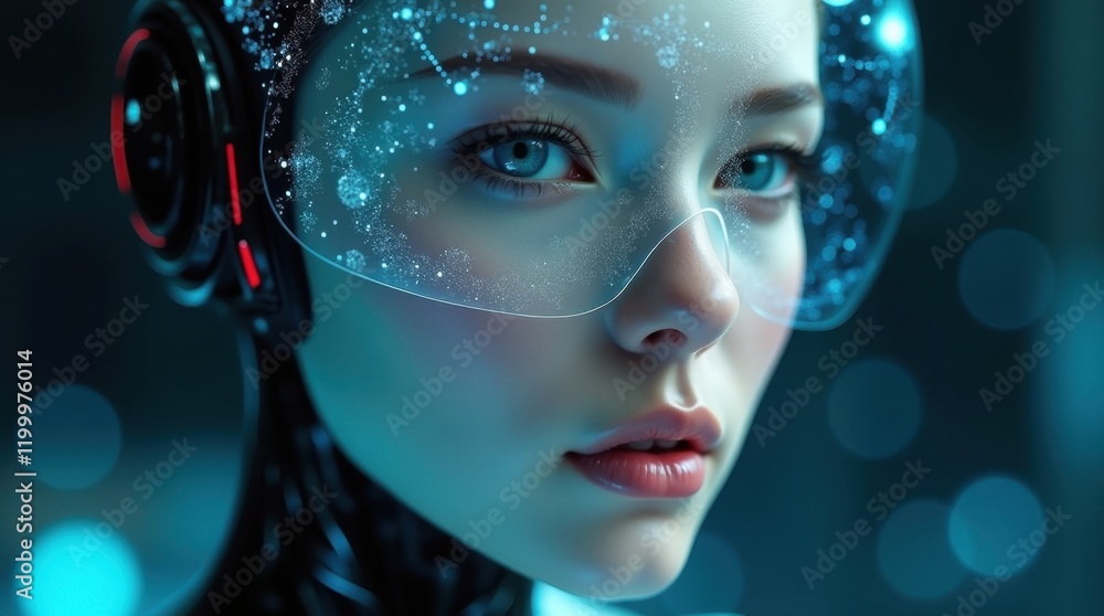 Close-up portrait of a young woman with a futuristic transparent visor, showcasing a blend of technology and beauty. Cool blue tones and intricate details create a captivating image. Close-up portrait of a young woman with a futuristic transparent visor, showcasing a blend of technology and beauty. Cool blue tones and intricate details create a captivating image.