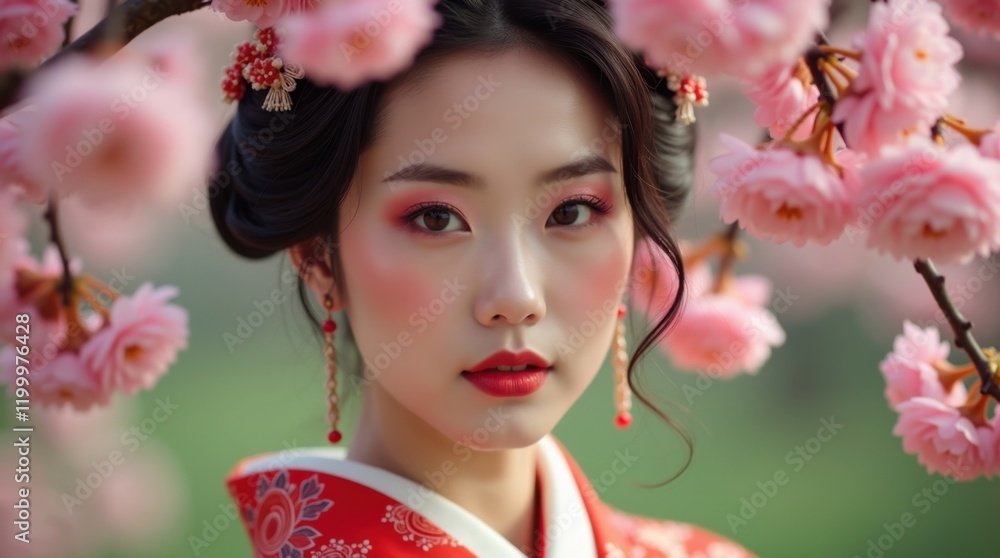 Fototapeta premium Young Asian woman in traditional red kimono among blooming pink cherry blossoms. Soft light, delicate makeup, serene expression.