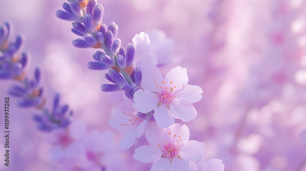 Light pink banner with cherry blossoms and lavender flat lay design Light pink banner with cherry blossoms and lavender flat lay design