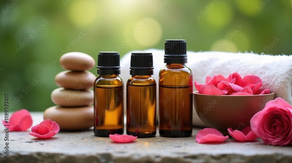 Three amber bottles of essential oil sit on a stone surface next to a bowl of rose petals and a stack of stones. A spa-like atmosphere is created with the natural setting. Three amber bottles of essential oil sit on a stone surface next to a bowl of rose petals and a stack of stones. A spa-like atmosphere is created with the natural setting.