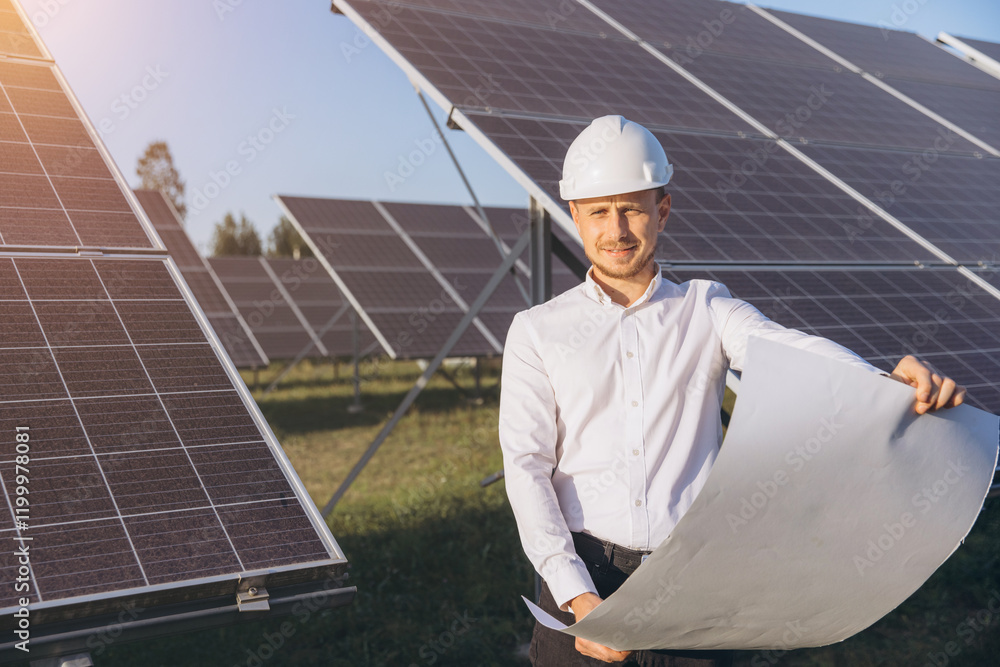 Engineer Examining Solar Panels at Renewable Energy Site Engineer Examining Solar Panels at Renewable Energy Site