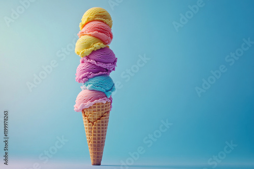 Colorful ice cream cone with three scoops on a sunny beach, melting slowly under the bright summer sun.