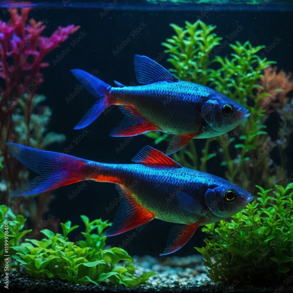 A neon tetra fish glowing in an aquarium with colorful aquatic plants. A neon tetra fish glowing in an aquarium with colorful aquatic plants.