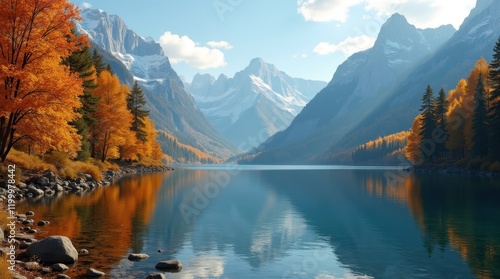 Wallpaper Mural A tranquil lake reflects vibrant fall foliage and snow-capped mountains under a clear sky. Torontodigital.ca