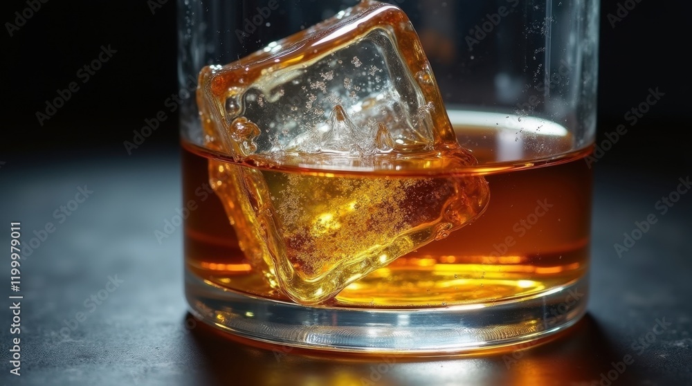 A single ice cube melts in a glass of amber liquid, creating a captivating contrast of textures and colors. The dark background enhances the drink's rich hue. A single ice cube melts in a glass of amber liquid, creating a captivating contrast of textures and colors. The dark background enhances the drink's rich hue.