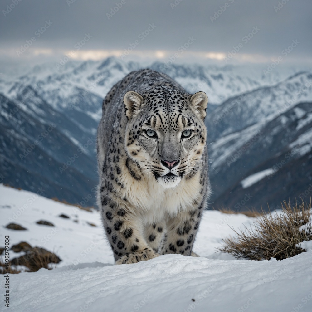 Fototapeta premium A snow leopard with a silvery coat prowling through a snowy mountain landscape.