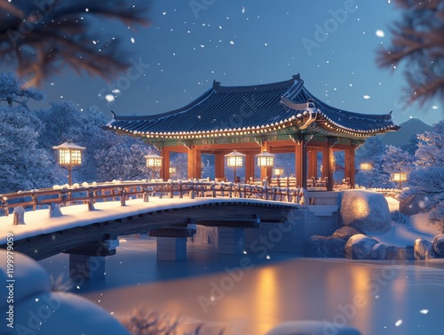 A snow-covered traditional Korean bridge at night, serene winter scene, intricate wooden details
