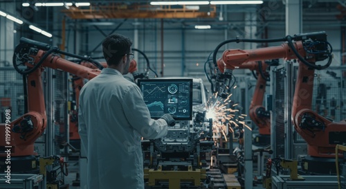 Engineer inspecting and controlling welding robotic arms in an automotive industrial factory

 photo