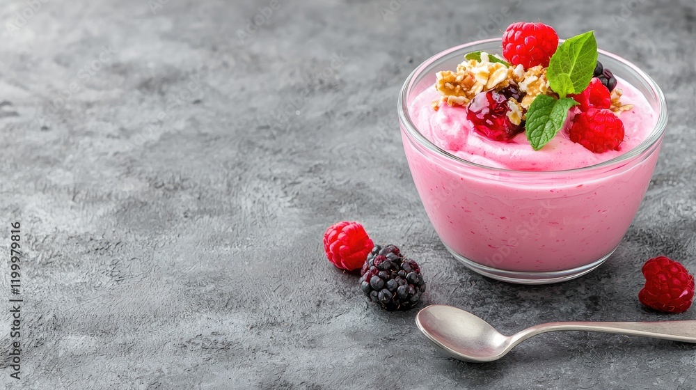 Pink yogurt parfait with raspberries, blackberries, granola, and mint in a glass bowl on a gray background. Pink yogurt parfait with raspberries, blackberries, granola, and mint in a glass bowl on a gray background.