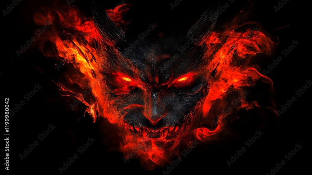 Fiery demonic face with sharp horns and piercing red eyes, conveying an intense and supernatural horror presence Fiery demonic face with sharp horns and piercing red eyes, conveying an intense and supernatural horror presence
