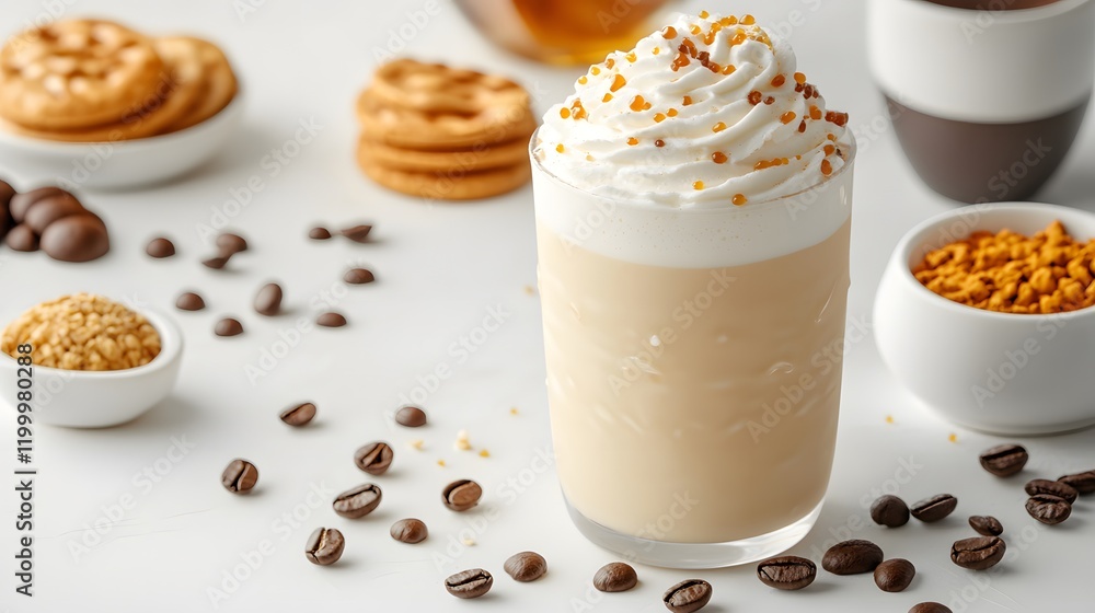 A rich salted caramel milkshake topped with whipped cream and sprinkled with caramel bits, set amidst a cozy dessert scene. A rich salted caramel milkshake topped with whipped cream and sprinkled with caramel bits, set amidst a cozy dessert scene.