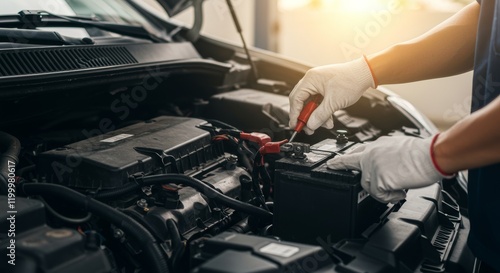 Mechanic working on car battery repair and electrical system maintenance in an auto repair shop

