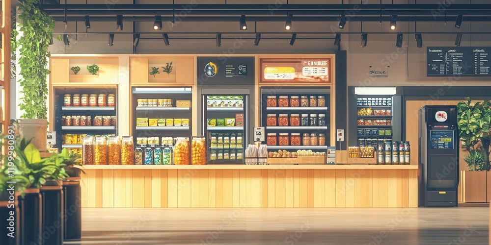 Package-free store interior with refill stations and bulk food sections on a modern retail Package-free store interior with refill stations and bulk food sections on a modern retail