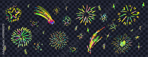 Fireworks cute pencil lines doodle elements for birthday, anniversary. Set of colorful rainbow sketches in style of lightning, explosion, sun rays, firecrackers, comet sparkles, motion effects. Vector