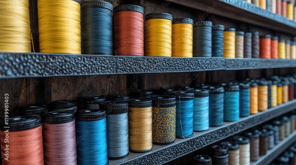 Colorful Spools of Thread Arranged on Shelves in a Sewing Workshop Colorful Spools of Thread Arranged on Shelves in a Sewing Workshop