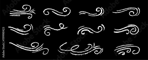 Set of white motion lines. Collection of modern abstract wind symbols. Hand drawn by wax, chalk or charcoal pen cartoon curly squiggle, craft weather hurricane sign on black bg. Vector illustration