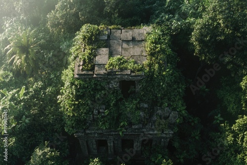 Old building reclaimed by vegetation, great for backgrounds or rustic themes photo