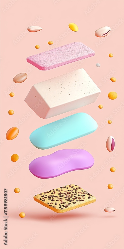 A colorful arrangement of floating desserts, showcasing various textures and flavors against a soft pink background. A colorful arrangement of floating desserts, showcasing various textures and flavors against a soft pink background.