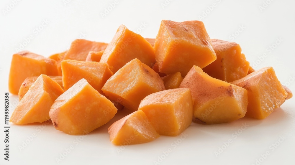 A pile of cut up carrots arranged neatly on a white background, ideal for food or kitchen related uses A pile of cut up carrots arranged neatly on a white background, ideal for food or kitchen related uses