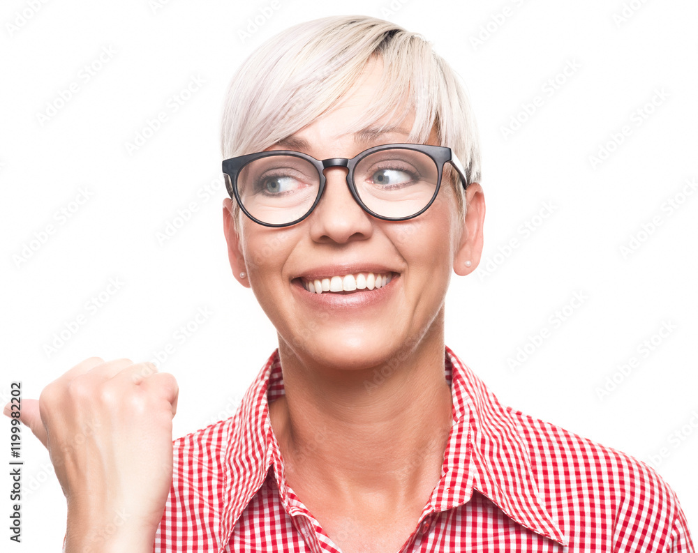 Woman shows blank space for your product or text. Copy space, isolated on white background. Promoter middle aged woman presenting.