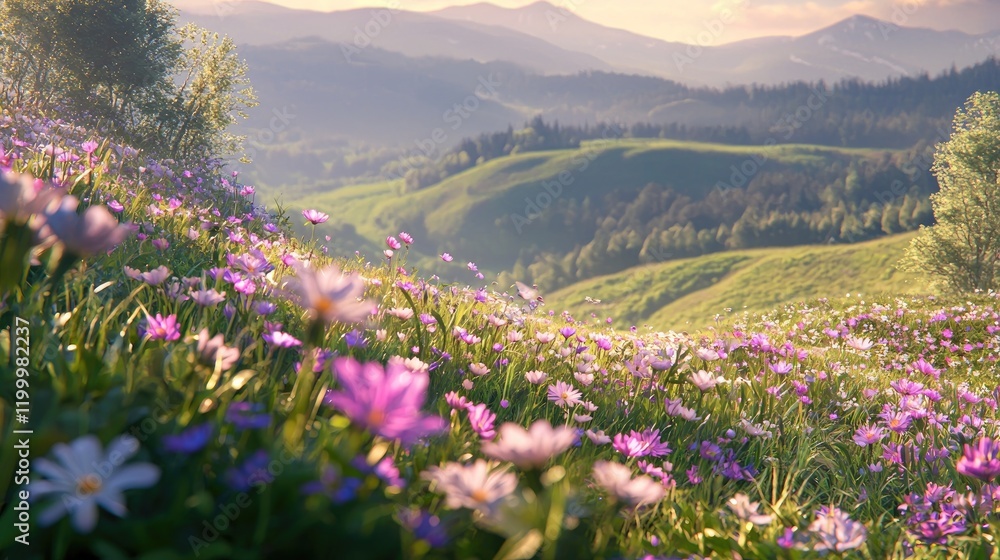 Obraz premium Scenic landscape with colorful flowers and rolling hills