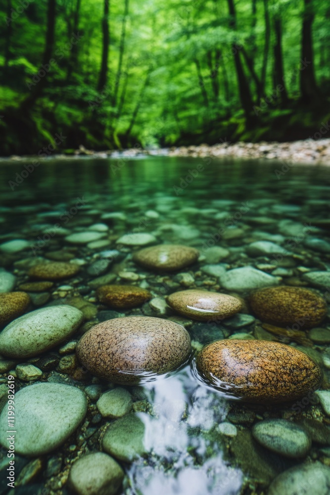 A serene river scene with visible rocks in the center, suitable for calmness and tranquility themed projects A serene river scene with visible rocks in the center, suitable for calmness and tranquility themed projects