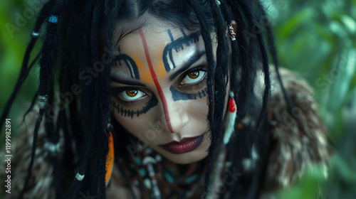 Beautiful Native American woman with black dreadlocks and colorful face paint wearing traditional warrior attire made of animal skins
