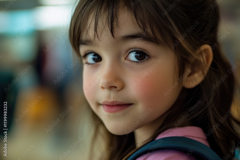 A young girl with a backpack looks straight into the camera, conveying curiosity and innocence