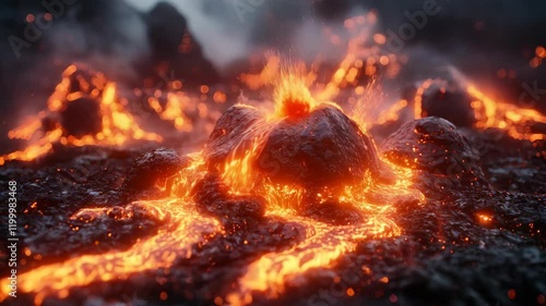 A close-up view of a volcanic eruption with lava flowing over rocky terrain, showcasing the fiery colors and intense nature of the event.