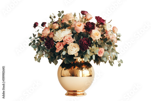 Fototapeta Naklejka Na Ścianę i Meble -  A luxurious floral arrangement of various roses peonies and other flowers in a stylish gold vase.