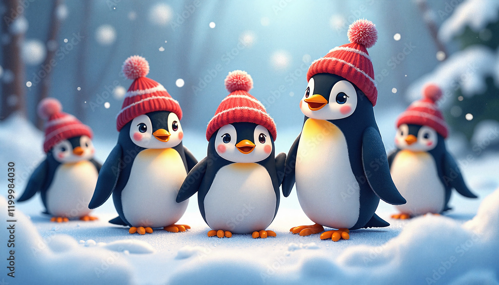 Fototapeta premium Colorful penguins wearing hats in winter landscape, festive cheer