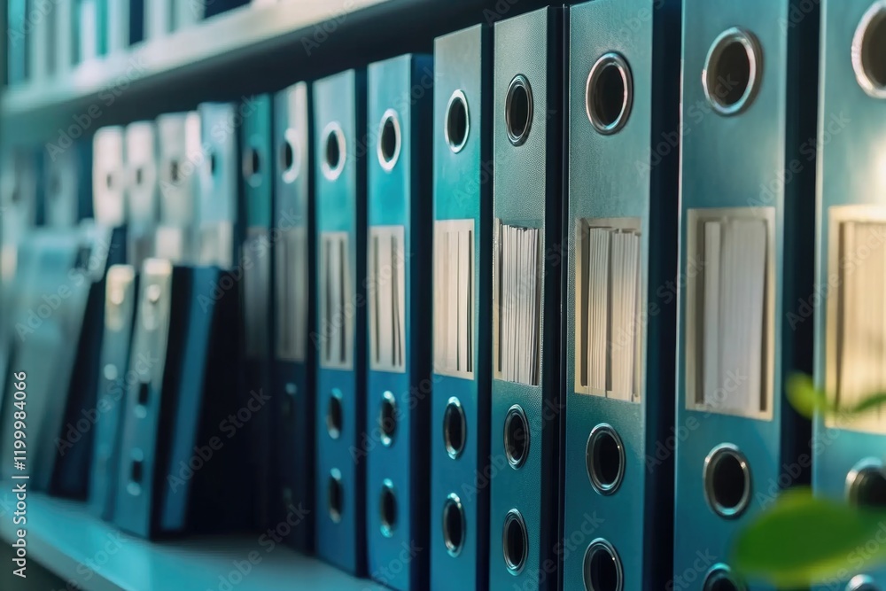 A collection of blue binders stacked on a shelf, ideal for storing and organizing documents A collection of blue binders stacked on a shelf, ideal for storing and organizing documents