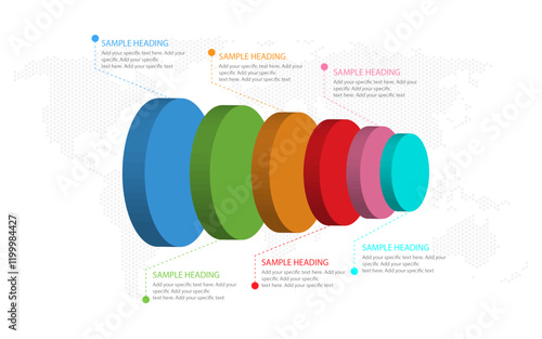3D circle infographics template design with six steps, 3D circle infographics design, vertical align circle infographics