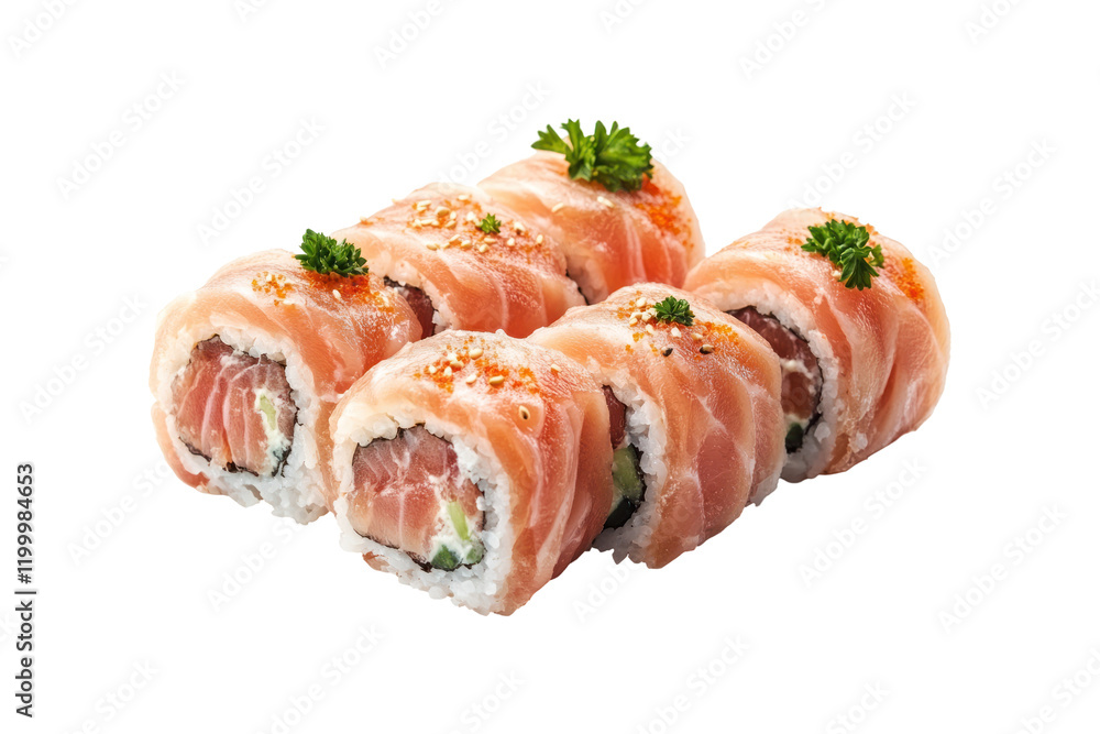 Four pieces of salmon sushi rolls are arranged neatly, garnished with sesame seeds and parsley. Four pieces of salmon sushi rolls are arranged neatly, garnished with sesame seeds and parsley.
