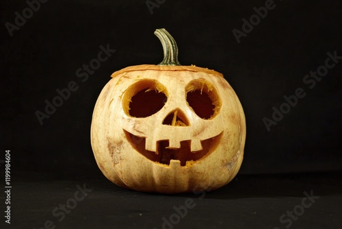 A traditional Halloween decoration, this carved pumpkin features a face design photo