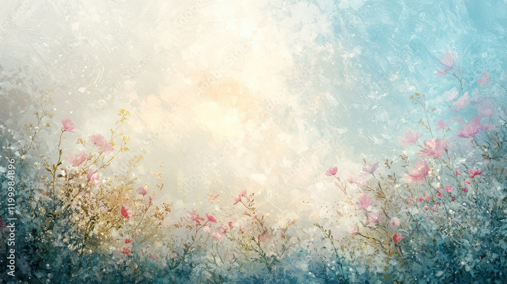 Obraz premium Sunlit misty meadow at dawn a serene pastel landscape